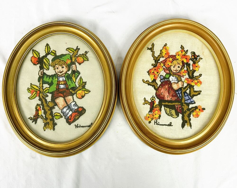 Vintage Set Of 2 Hummel Embroidered Crewel Framed Pictures Completed